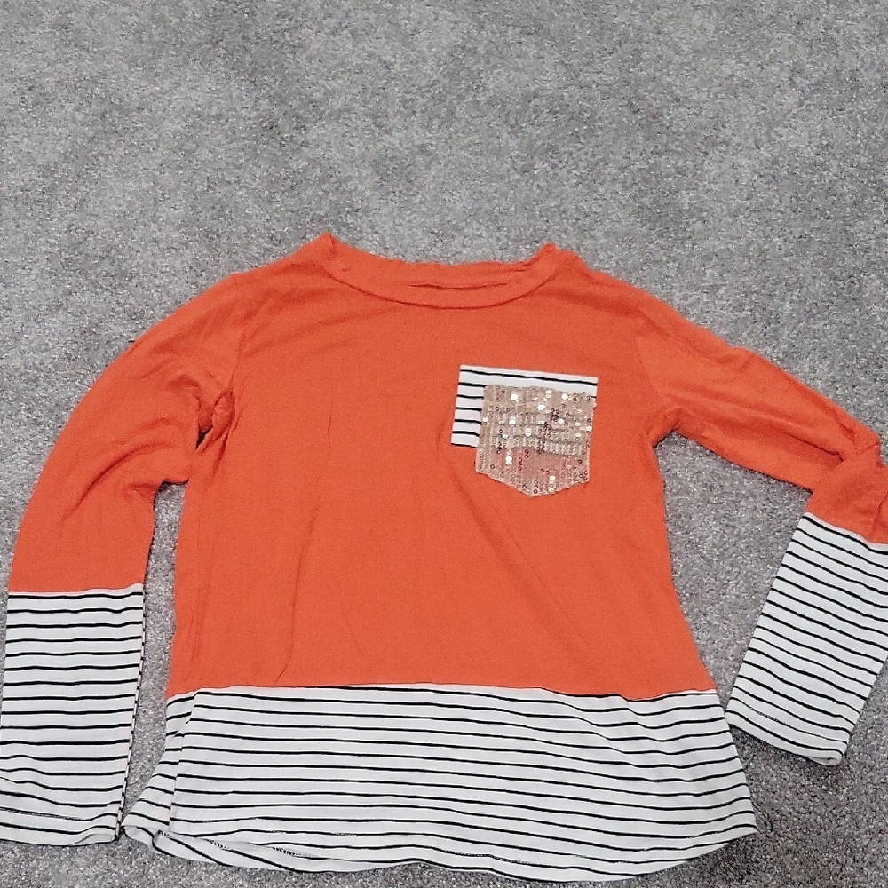 Orange and White Striped Girls Shirt with Sequin Pocket